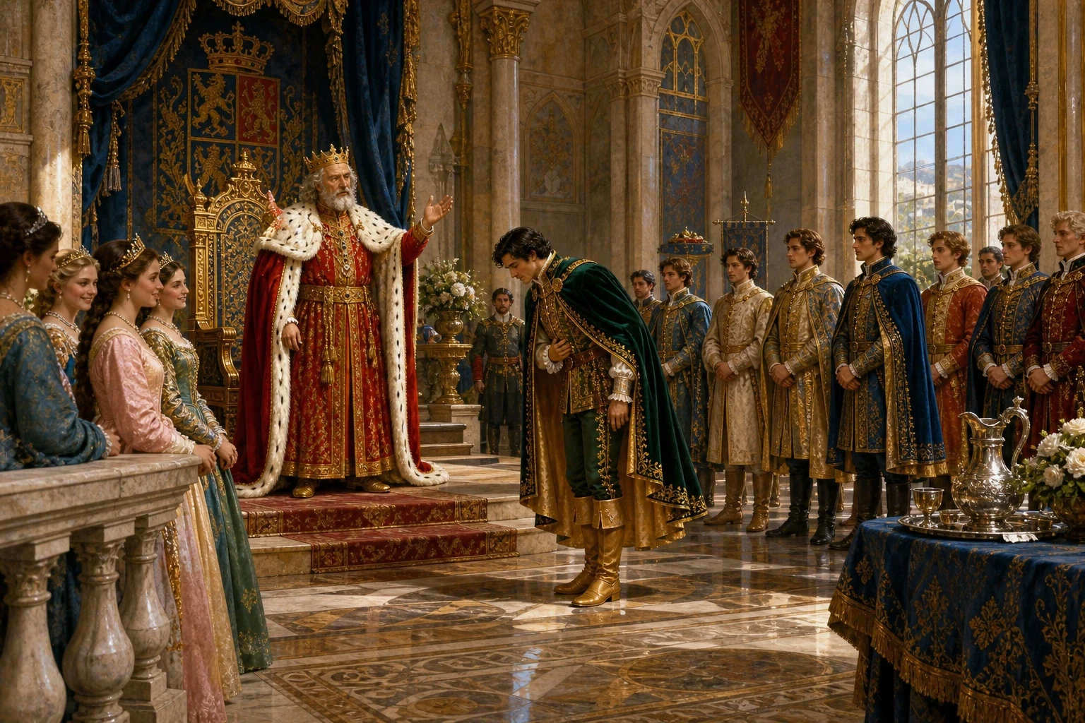 At last the king made a proclamation across the whole kingdom: whoever could discover where his daughters went dancing each night should choose one of them for… At last the king made a proclamation across the whole kingdom: whoever could discover where his daughters went dancing each night should choose one of them for…