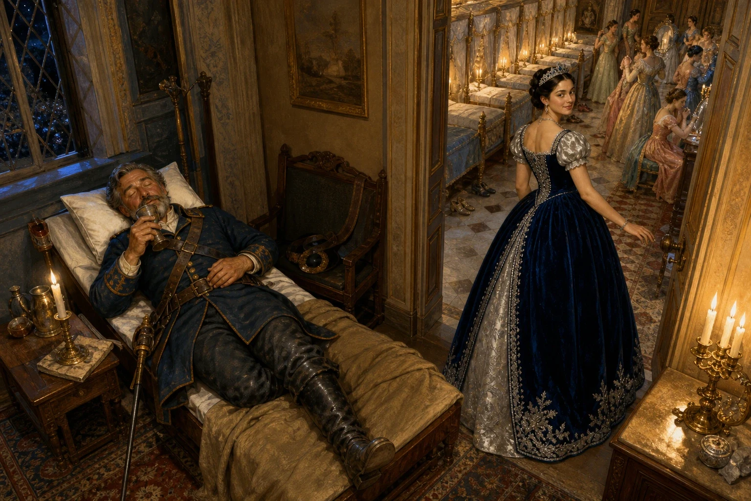 The old soldier presented himself at the castle and was given, as the others had been, a small chamber just beside the princesses' long bedroom, with the door… The old soldier presented himself at the castle and was given, as the others had been, a small chamber just beside the princesses' long bedroom, with the door…