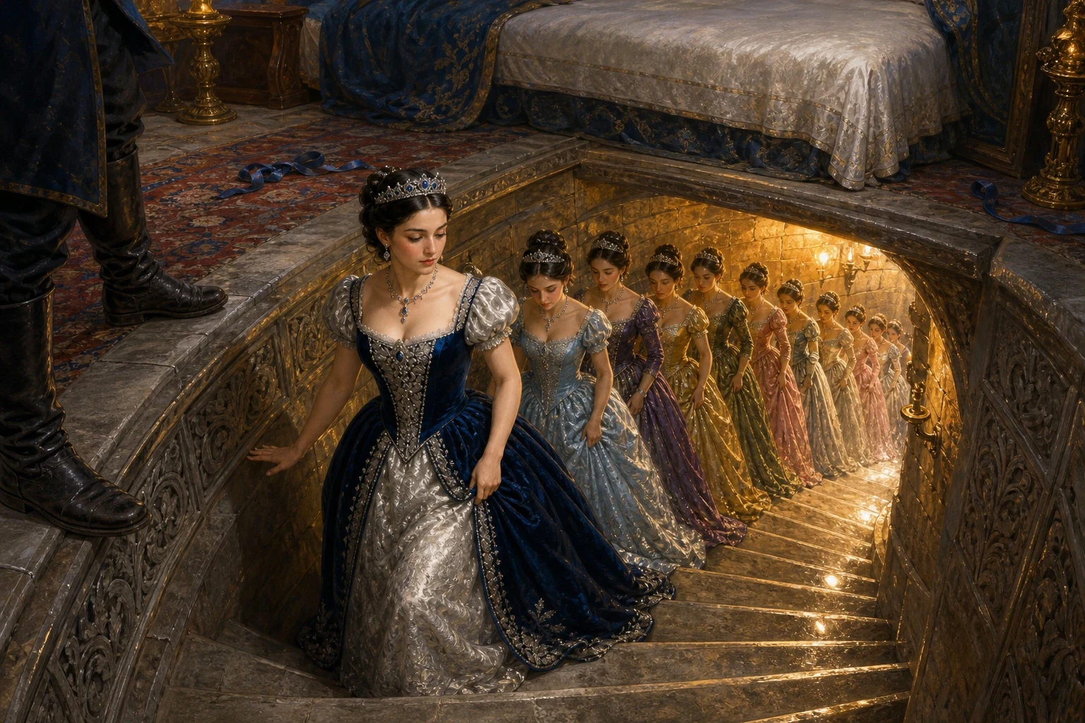 When the princesses were all dressed and sure the soldier slept, the eldest clapped her hands, and her own bed sank down into the floor, revealing a secret… When the princesses were all dressed and sure the soldier slept, the eldest clapped her hands, and her own bed sank down into the floor, revealing a secret…