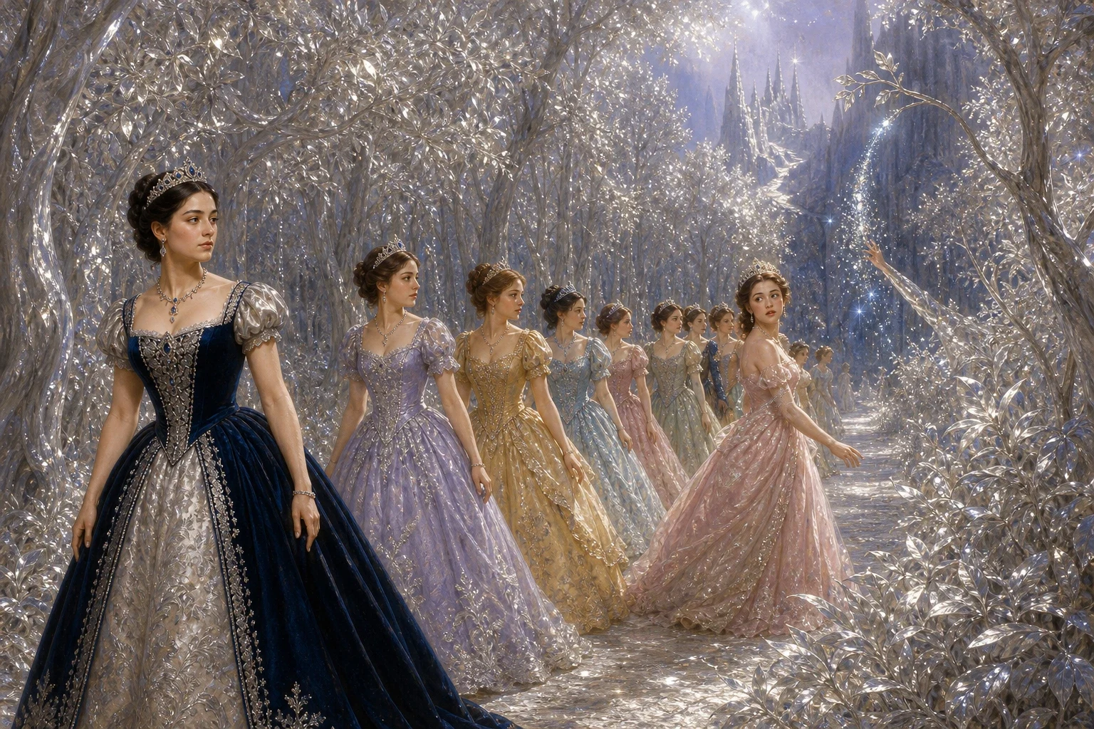 At the foot of the long stair, a marvel opened out before them. The princesses walked into a vast enchanted avenue where every single tree — every trunk, every… At the foot of the long stair, a marvel opened out before them. The princesses walked into a vast enchanted avenue where every single tree — every trunk, every…