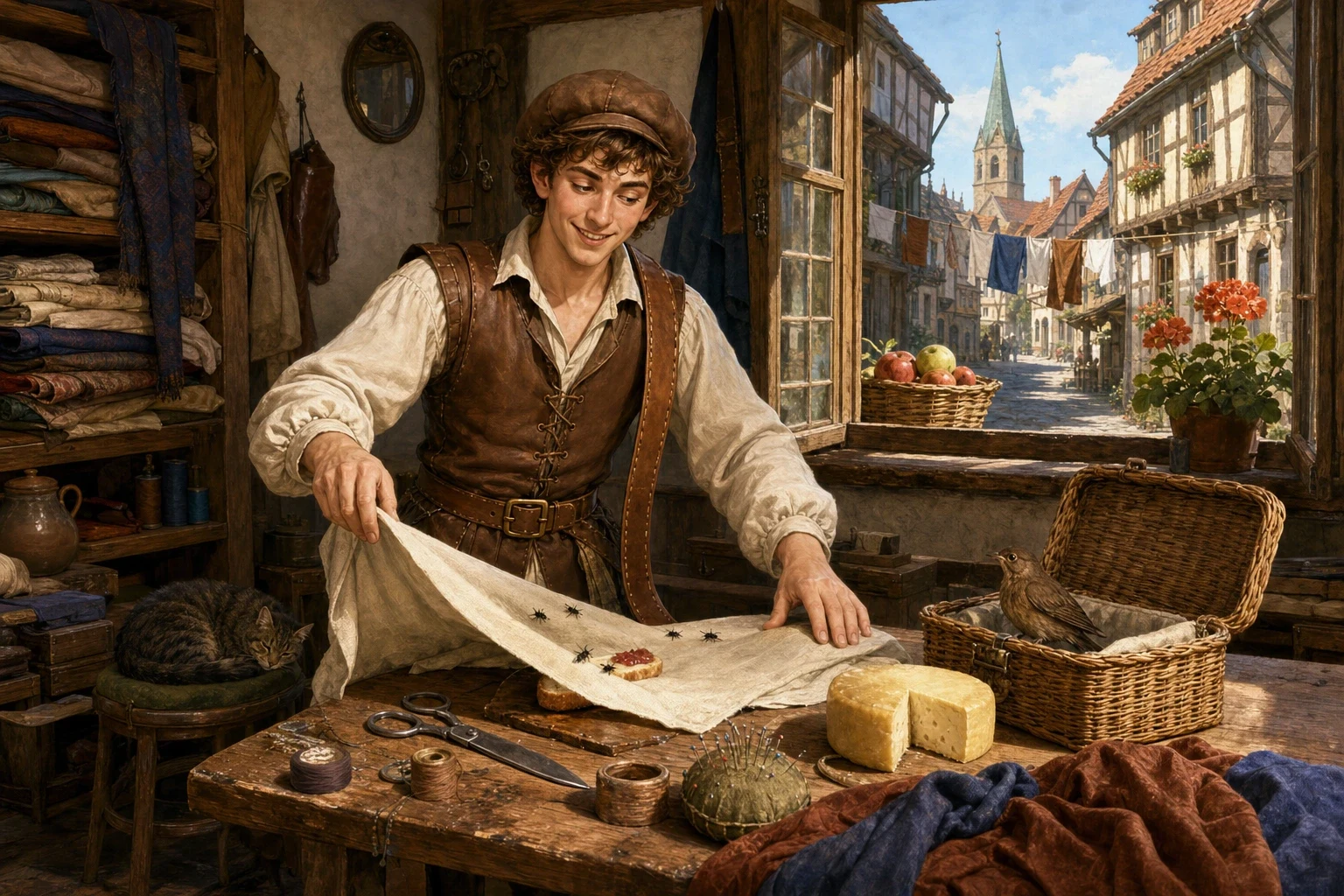 In a small town in old Germany, a little tailor sat by his open window one summer morning, spreading good jam on a thick slice of bread. In a small town in old Germany, a little tailor sat by his open window one summer morning, spreading good jam on a thick slice of bread.