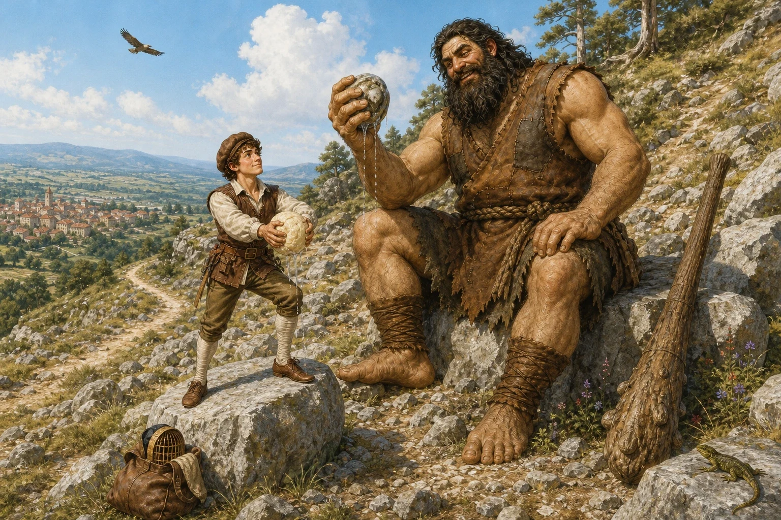 The tailor had not gone far down the road before he met a giant sitting on a boulder at the edge of a stony hillside. The giant looked down at him and laughed… The tailor had not gone far down the road before he met a giant sitting on a boulder at the edge of a stony hillside. The giant looked down at him and laughed…