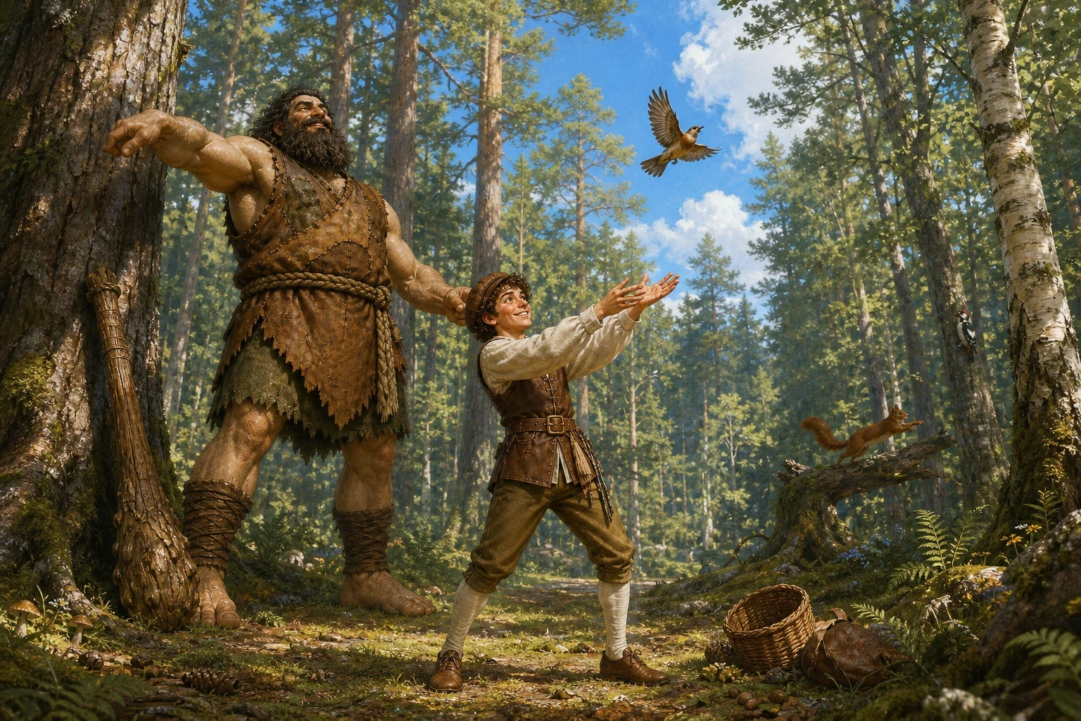 Pleased to find a companion as strong as himself, the giant invited the tailor to walk on with him, and before long they came to a clearing in the forest. Pleased to find a companion as strong as himself, the giant invited the tailor to walk on with him, and before long they came to a clearing in the forest.