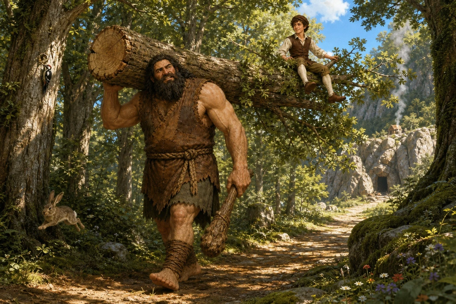 The giant decided he liked this strange little fellow, and asked for his help carrying a tree he had just cut down, so they could take it back to his den for… The giant decided he liked this strange little fellow, and asked for his help carrying a tree he had just cut down, so they could take it back to his den for…
