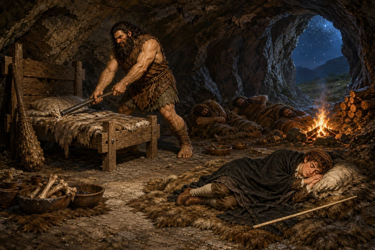 That evening the giant brought the tailor to his den, a great rocky cave where several other giants lived together, and gave him a bed for the night. That evening the giant brought the tailor to his den, a great rocky cave where several other giants lived together, and gave him a bed for the night.