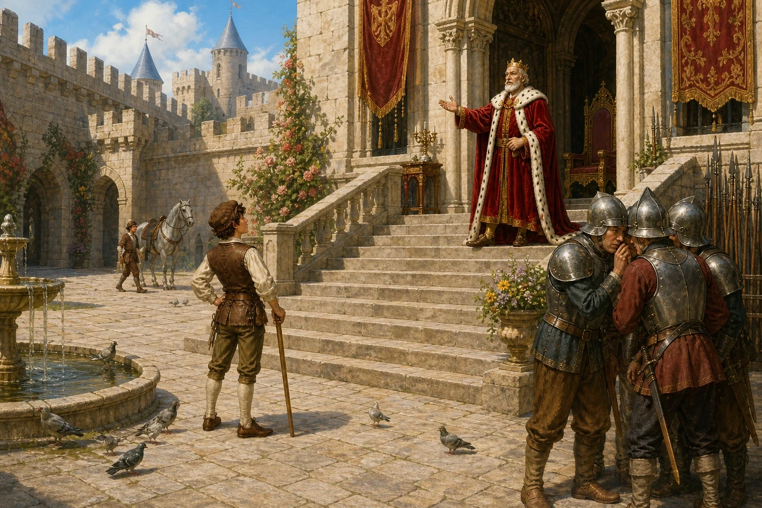 News of the belt that read 'Seven at One Blow' ran ahead of the tailor, and by the time he reached the king's city, soldiers in the street were already stepping… News of the belt that read 'Seven at One Blow' ran ahead of the tailor, and by the time he reached the king's city, soldiers in the street were already stepping…