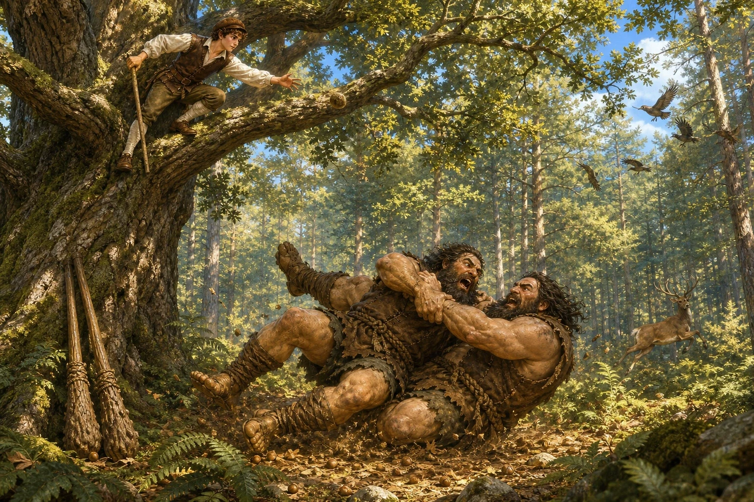 Deep in the forest, the tailor found the two troublesome giants fast asleep high up in the branches of an enormous oak tree, snoring loudly enough to shake the… Deep in the forest, the tailor found the two troublesome giants fast asleep high up in the branches of an enormous oak tree, snoring loudly enough to shake the…