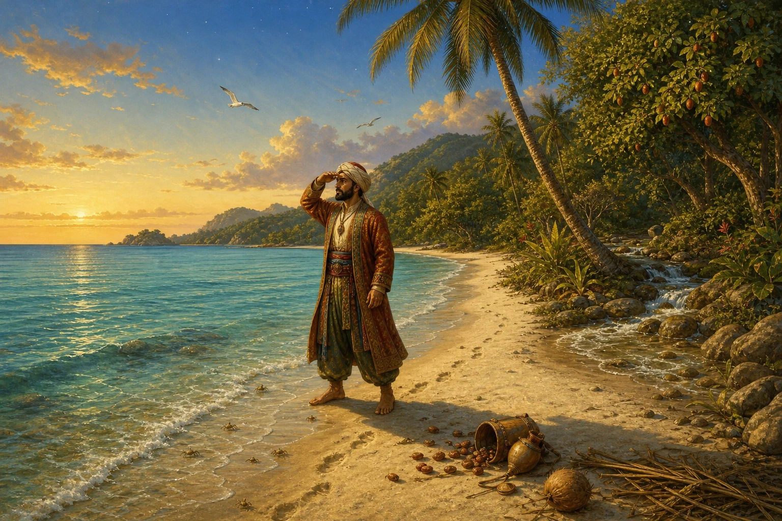 On his second voyage Sinbad's ship stopped to let its passengers rest on a beautiful green island full of fruit trees and clear streams.