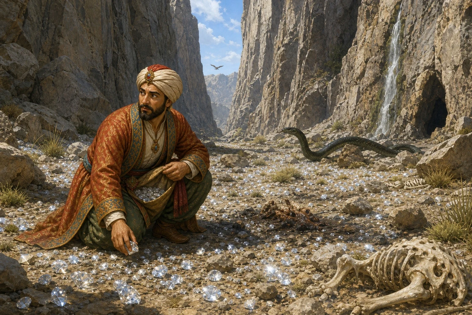 The Roc landed at last on the valley floor to hunt, and the moment it loosened its grip Sinbad quickly untied himself and crept away before the enormous bird…