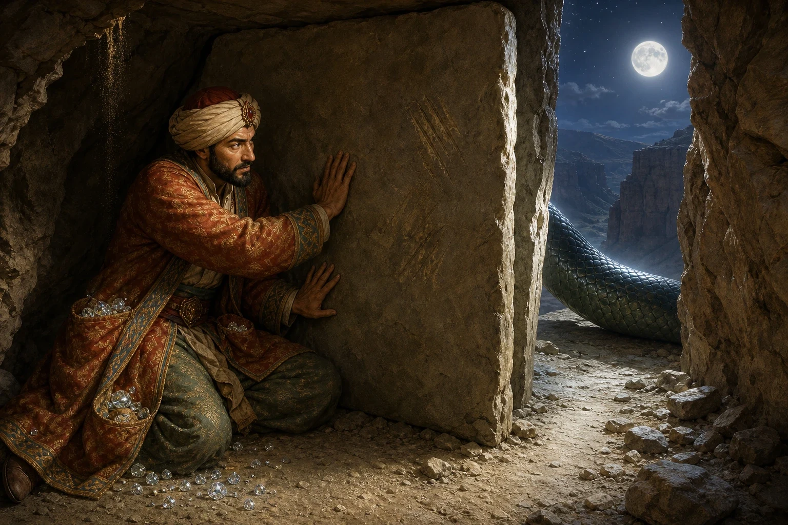 Sinbad ran from the serpent and found a narrow cave in the cliffside just large enough for him to squeeze into, and once inside he found a heavy flat stone and…