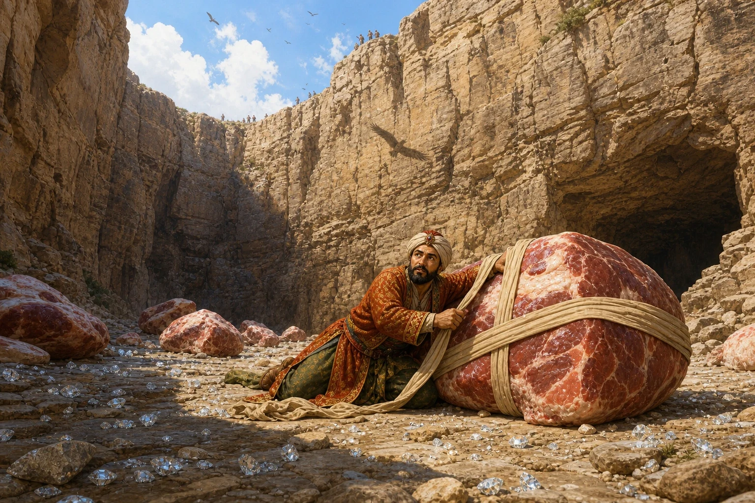 In the morning Sinbad crept out of the cave and, looking up, saw enormous joints of raw meat come tumbling down from the cliff tops far above, landing on the…