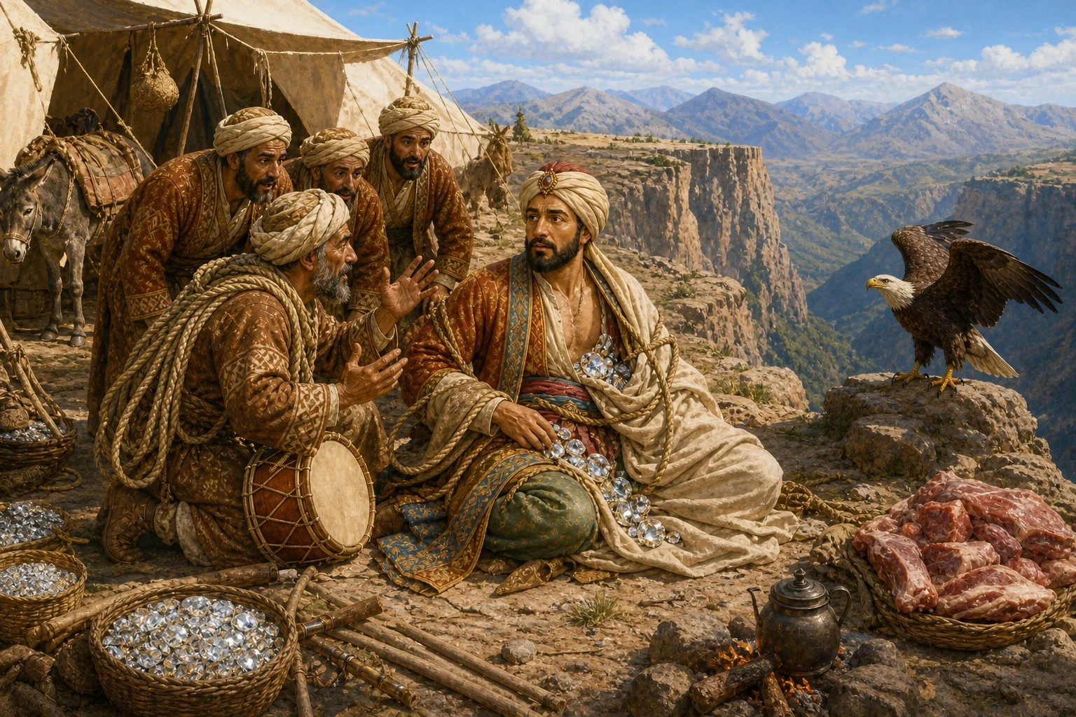 Before long a huge eagle swooped down, seized the joint of meat with its talons — and Sinbad along with it — and carried them both up out of the valley to a…