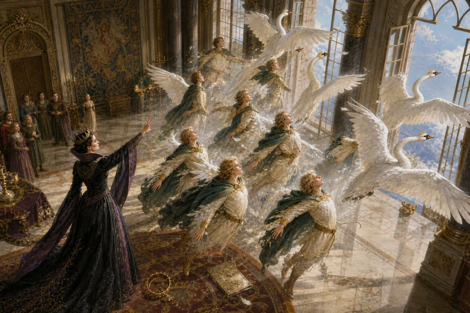 The wicked queen soon worked her sorcery. With a cold word and a wave of her hand, she cast a spell upon the eleven young princes, and before their father could…