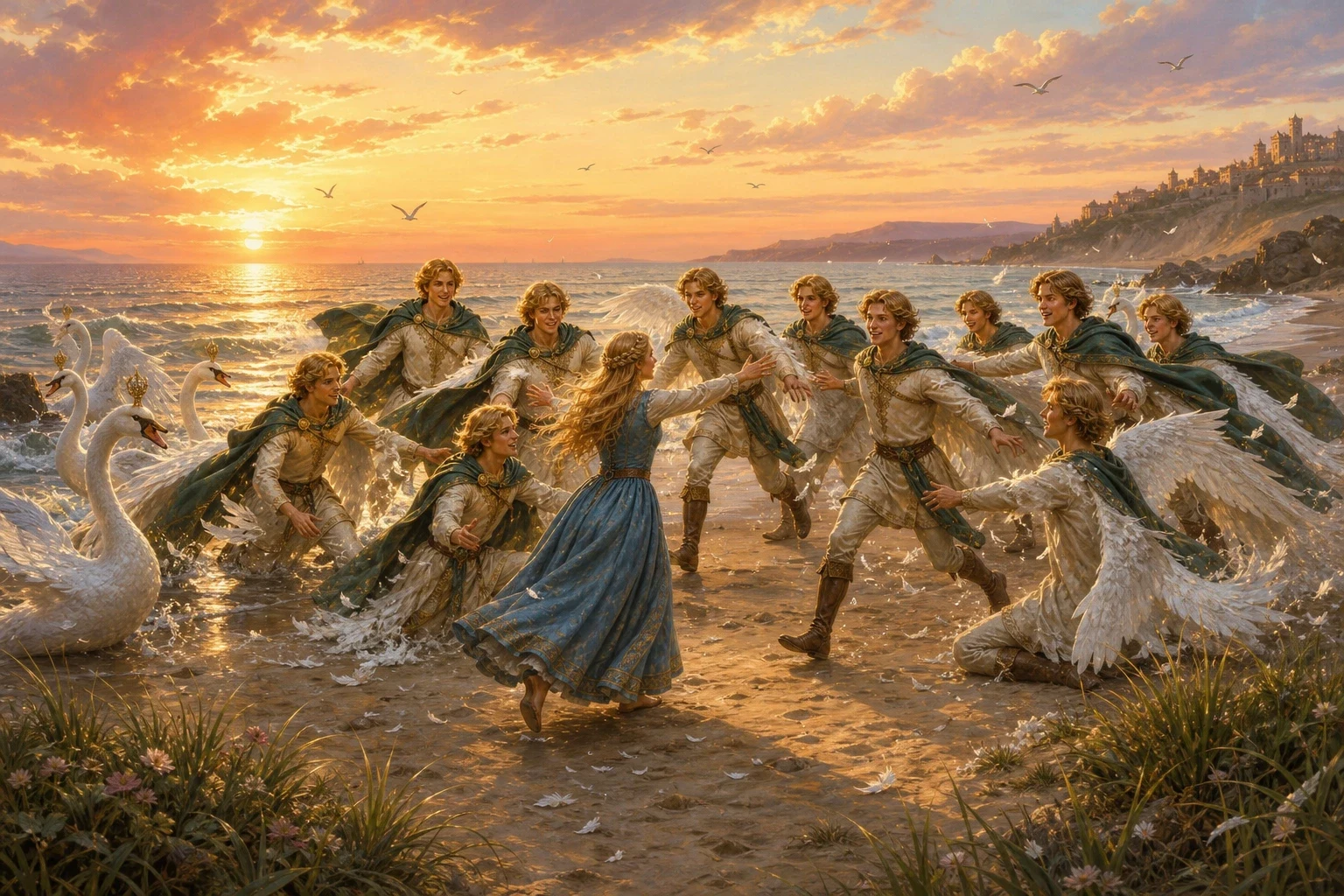At last Elisa's long search brought her to the edge of the sea, and there, as the sun was setting, she saw eleven great white swans with golden marks upon their…