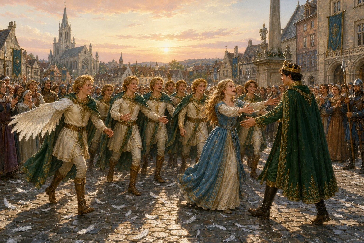 As the eleven nettle-shirts fell over the swans, the wicked spell shattered like glass: where eleven white swans had been, there now stood eleven handsome young…