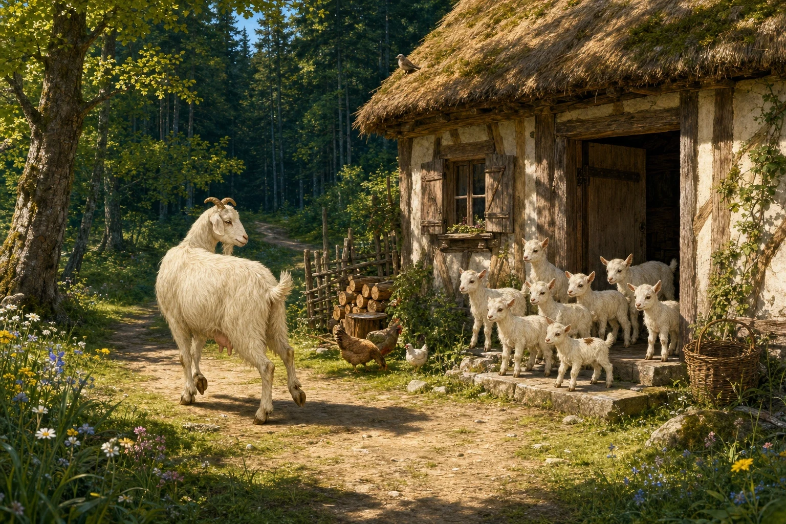 Once upon a time there was an old mother goat who had seven young kids, and she loved them the way every mother loves her children. Once upon a time there was an old mother goat who had seven young kids, and she loved them the way every mother loves her children.