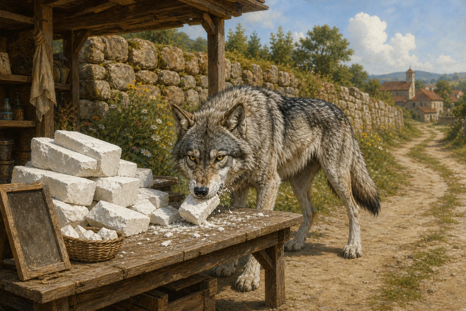Furious that his first two tricks had failed, the wolf hurried down the forest path to the edge of the village, where a chalk-seller kept a little roadside… Furious that his first two tricks had failed, the wolf hurried down the forest path to the edge of the village, where a chalk-seller kept a little roadside…