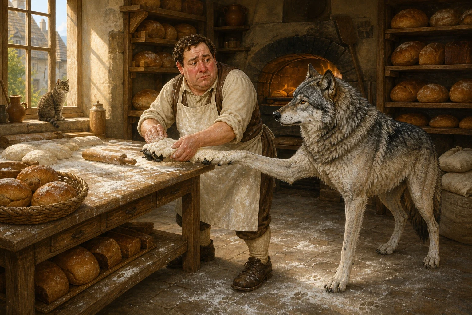 The wolf pushed through the door of the village bakery, where warm loaves sat cooling on wooden racks and the smell of fresh bread filled the little shop. The wolf pushed through the door of the village bakery, where warm loaves sat cooling on wooden racks and the smell of fresh bread filled the little shop.
