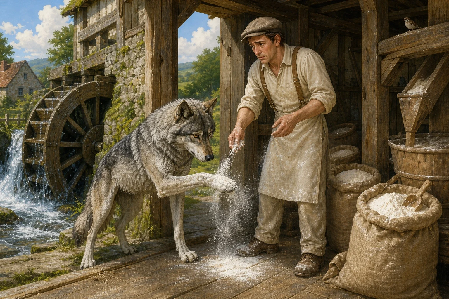 From the bakery the wolf ran straight to the mill, where a great wooden waterwheel turned slowly beside the rushing stream and sacks of flour stood piled by the… From the bakery the wolf ran straight to the mill, where a great wooden waterwheel turned slowly beside the rushing stream and sacks of flour stood piled by the…