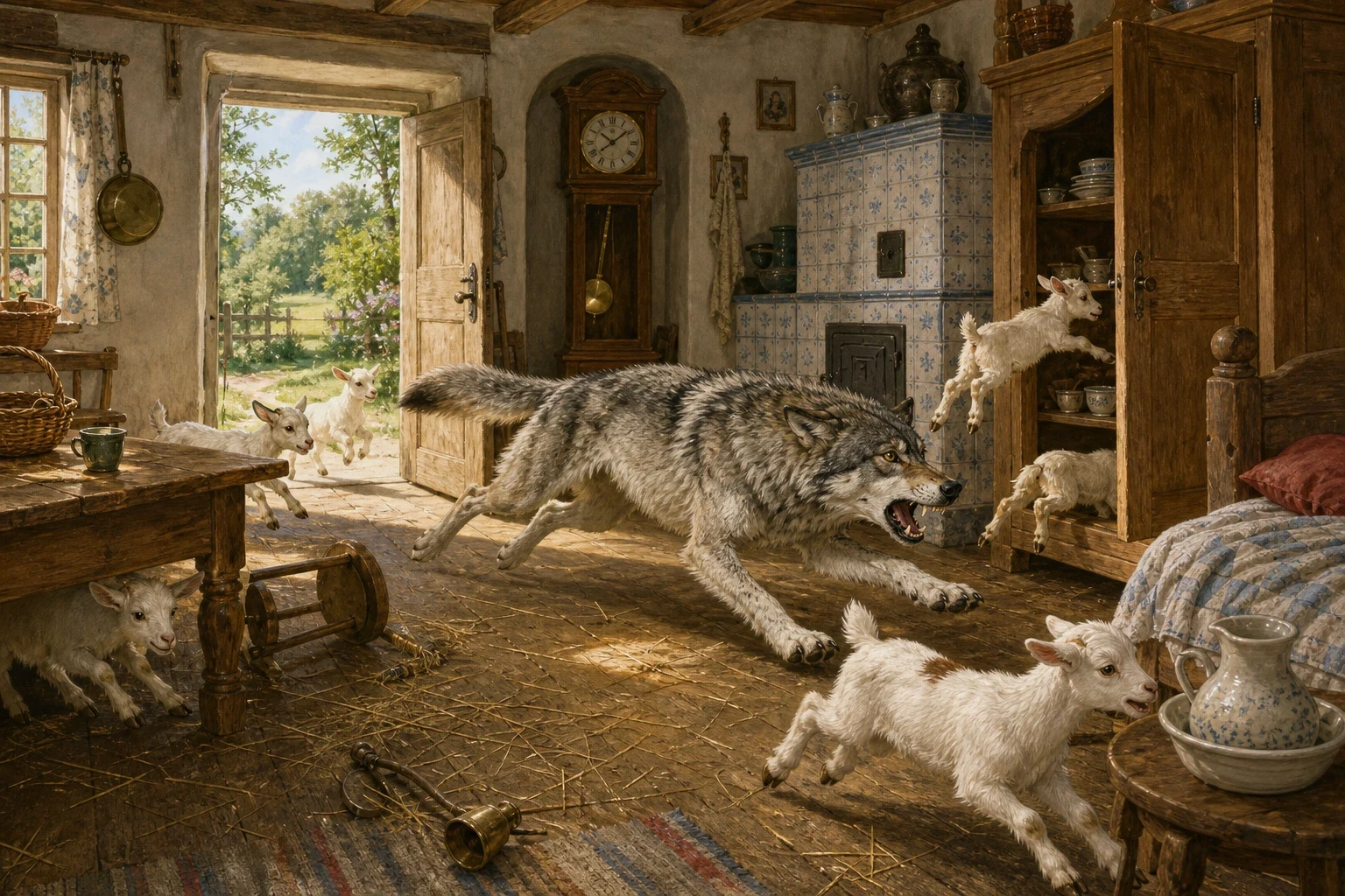 The wolf came back a third time, knocked at the door, and said in his softest voice, "Open up, dear children, your mother is here and has brought something back… The wolf came back a third time, knocked at the door, and said in his softest voice, "Open up, dear children, your mother is here and has brought something back…