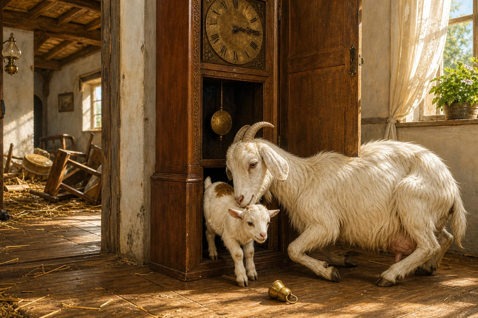 When Mother Goat came home from the forest, oh, what a sight met her eyes! The door stood wide open, the table and chairs were knocked over, the washbowl lay… When Mother Goat came home from the forest, oh, what a sight met her eyes! The door stood wide open, the table and chairs were knocked over, the washbowl lay…