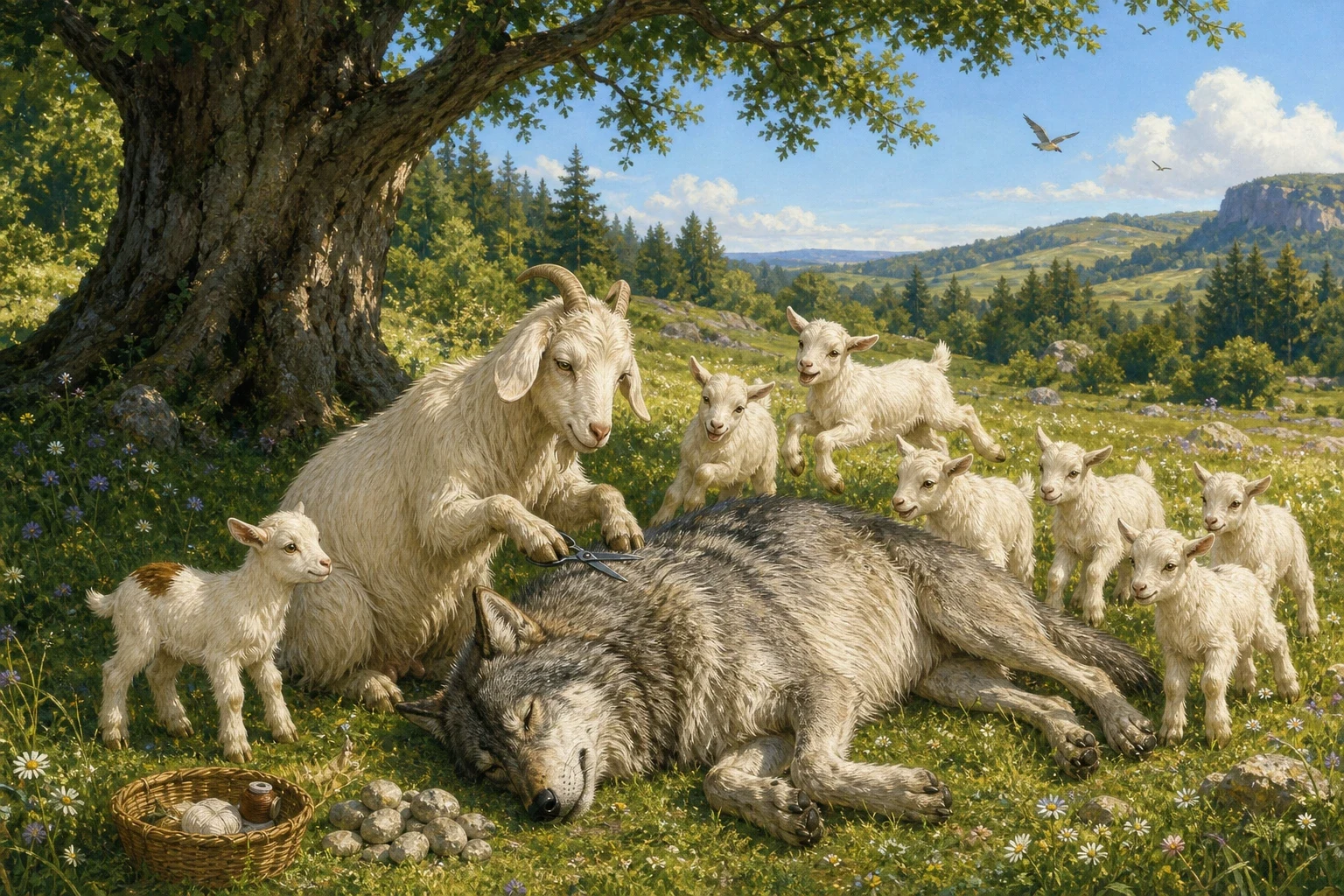 They went out together into the green meadow, and there under a tree they found the wolf, lying on his side, fast asleep, snoring so hard the branches shook. They went out together into the green meadow, and there under a tree they found the wolf, lying on his side, fast asleep, snoring so hard the branches shook.