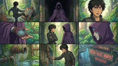 "Another dead end," Kai muttered, kicking a loose piece of rusted metal. A cloaked figure emerged from the shadows, its face hidden by a tattered hood. "Another dead end," Kai muttered, kicking a loose piece of rusted metal. A cloaked figure emerged from the shadows, its face hidden by a tattered hood.