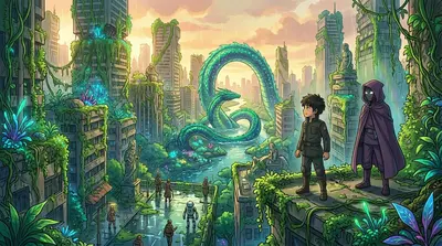 Suddenly, the ground trembled. A colossal, serpentine figure erupted from the ruins, its scales shimmering with bioluminescent energy. Suddenly, the ground trembled. A colossal, serpentine figure erupted from the ruins, its scales shimmering with bioluminescent energy.