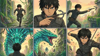 Kai sprinted towards the creature, dodging falling debris. He activated the makeshift grappling hook attached to his wrench. Kai sprinted towards the creature, dodging falling debris. He activated the makeshift grappling hook attached to his wrench.