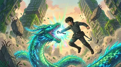 The grappling hook snagged on one of the creature's scales. Kai swung wildly, slamming into the monster's face with all his might. The grappling hook snagged on one of the creature's scales. Kai swung wildly, slamming into the monster's face with all his might.