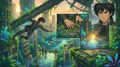 He raced back through the ruins, dodging falling debris and collapsing structures. Reaching the remnants of his grandfather's workshop, he rummaged frantically… He raced back through the ruins, dodging falling debris and collapsing structures. Reaching the remnants of his grandfather's workshop, he rummaged frantically…
