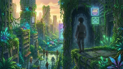 The neon lights of Neo-Kyoto flickered to life, casting an eerie glow on the overgrown ruins. Kai disappeared into the shadows, ready to confront whatever… The neon lights of Neo-Kyoto flickered to life, casting an eerie glow on the overgrown ruins. Kai disappeared into the shadows, ready to confront whatever…