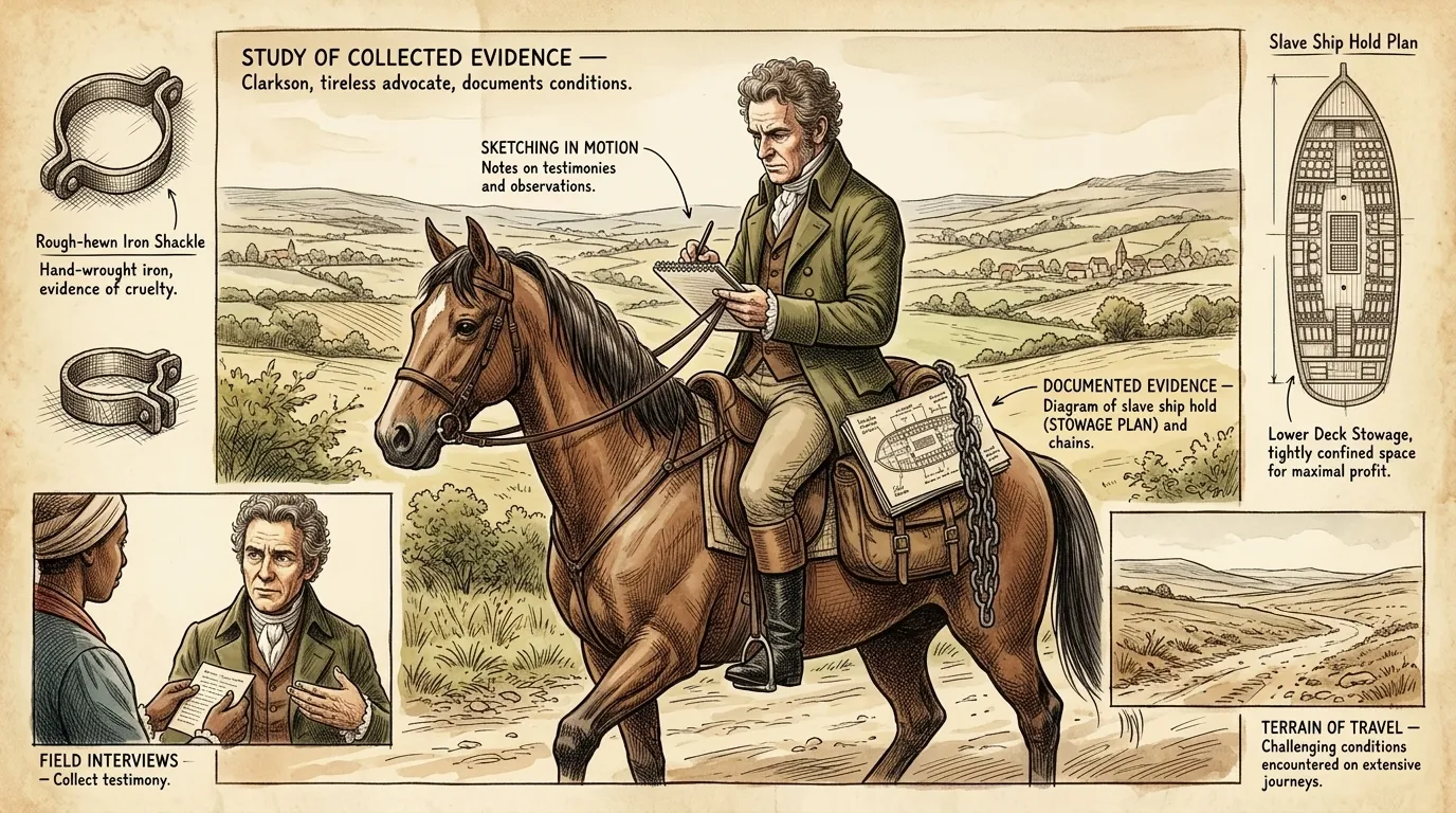 Thomas Clarkson, a young man with burning conviction, rode tirelessly across England in the late 1780s. He collected evidence of the slave trade's horrors. Thomas Clarkson, a young man with burning conviction, rode tirelessly across England in the late 1780s. He collected evidence of the slave trade's horrors.