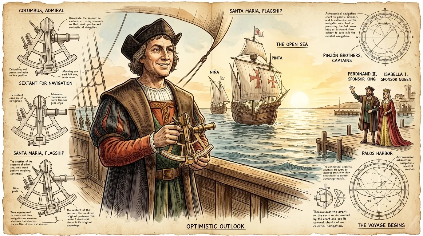 On August 3, 1492, Christopher Columbus, the Genoese explorer, set sail from Palos de la Frontera, Spain, with three ships—the Niña, the Pinta, and the Santa… On August 3, 1492, Christopher Columbus, the Genoese explorer, set sail from Palos de la Frontera, Spain, with three ships—the Niña, the Pinta, and the Santa…