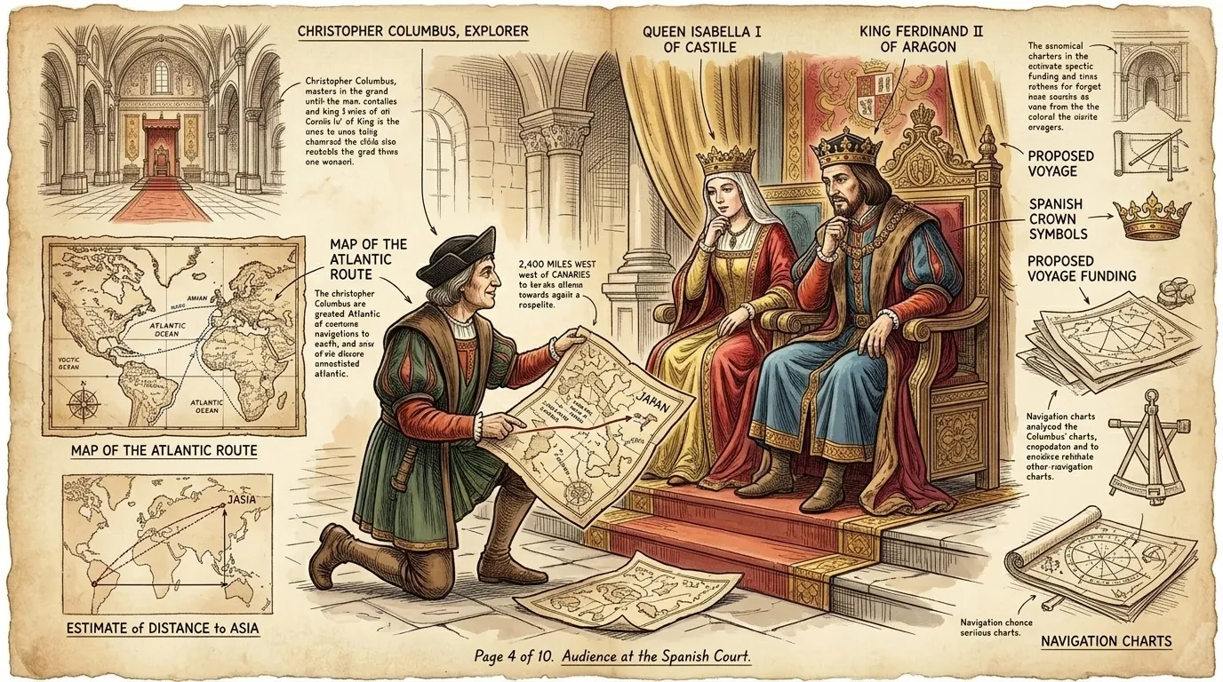 Columbus believed he could reach the East by sailing west, a shorter and more profitable route. "According to my calculations," he told Queen Isabella… Columbus believed he could reach the East by sailing west, a shorter and more profitable route. "According to my calculations," he told Queen Isabella…