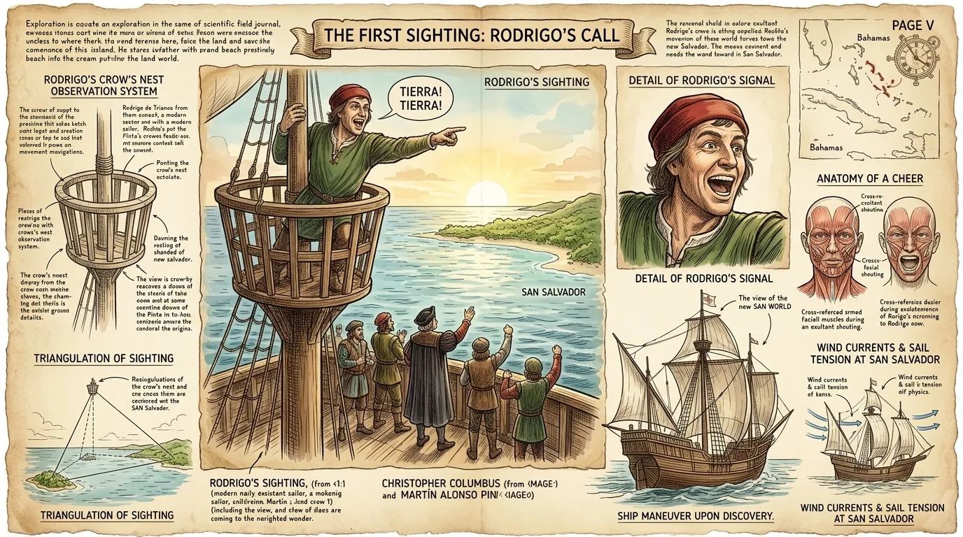 On October 12, 1492, after weeks at sea, Rodrigo de Triana, a lookout aboard the Pinta, shouted, "Tierra! Tierra!" Land! Land! On October 12, 1492, after weeks at sea, Rodrigo de Triana, a lookout aboard the Pinta, shouted, "Tierra! Tierra!" Land! Land!