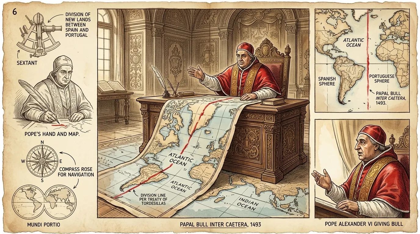 News of Columbus's discovery reached Europe, prompting Pope Alexander VI to issue a papal bull dividing the world between Spain and Portugal. News of Columbus's discovery reached Europe, prompting Pope Alexander VI to issue a papal bull dividing the world between Spain and Portugal.