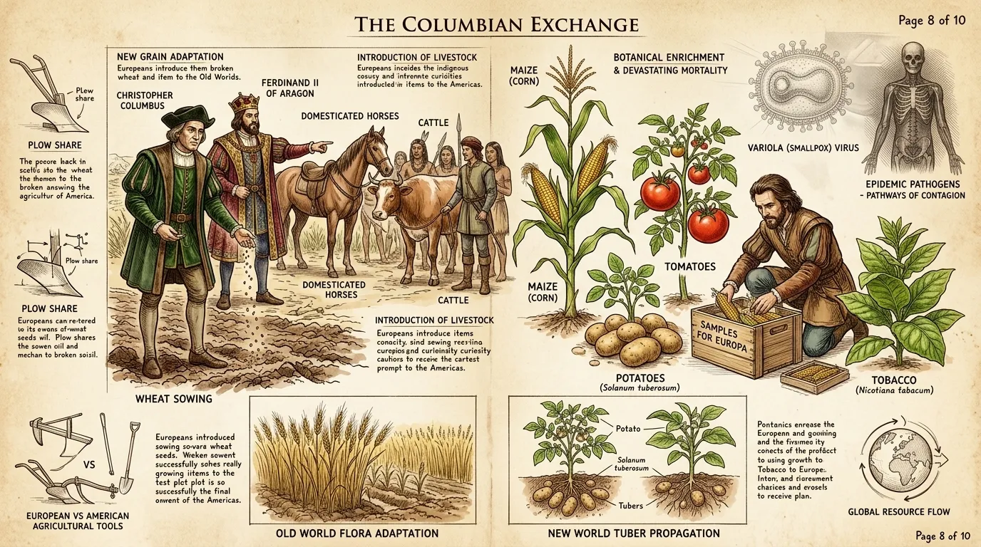 The arrival of Europeans in the Americas led to the Columbian Exchange, a transfer of plants, animals, and diseases between the Old World and the New World. The arrival of Europeans in the Americas led to the Columbian Exchange, a transfer of plants, animals, and diseases between the Old World and the New World.