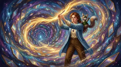 伊拉拉记着指示，将笔举在空中，凝视着旋转镜子中浮浮星球的影像。笔发出强烈的光芒，镜子开始移动并对齐，在星云中开辟出一条通路！“成功了！”皮普欢呼道。