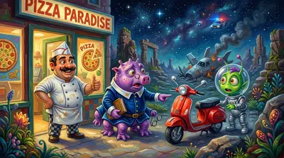 “可是我们怎么逃呢？我们的宇宙飞船毁了！”佐普喊道，他因披萨而起的喜悦被恐慌取代。格拉贡一向足智多谋，他指着停在外面的托尼的送货滑板车。