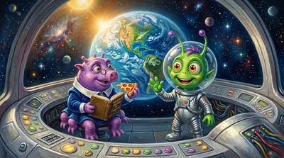 回到他们的宇宙飞船上，佐普和格拉贡向地球挥手告别。“托尼，我们还会回来吃更多披萨的！”佐普喊道，心里充满了感激和融化的马苏里拉奶酪。