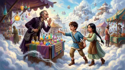 "Bottled sunshine, fresh from the Aurora Borealis!" boomed a cloud merchant, his voice echoing through the floating sky market. "Bottled sunshine, fresh from the Aurora Borealis!" boomed a cloud merchant, his voice echoing through the floating sky market.