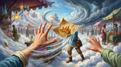 With the sky-shillings secured, they raced back to the shifty-eyed merchant, who smirked as he handed them the map. "Pleasure doing business!" he chuckled. With the sky-shillings secured, they raced back to the shifty-eyed merchant, who smirked as he handed them the map. "Pleasure doing business!" he chuckled.