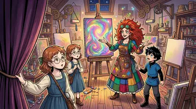推开一道天鹅绒帷幕，他们跌跌撞撞地走进一间密室，里面摆满了画架、画布和奇特的艺术装置。一位头发火红、狂野不羁、额头上架着护目镜的女人，正站在一幅奇异…