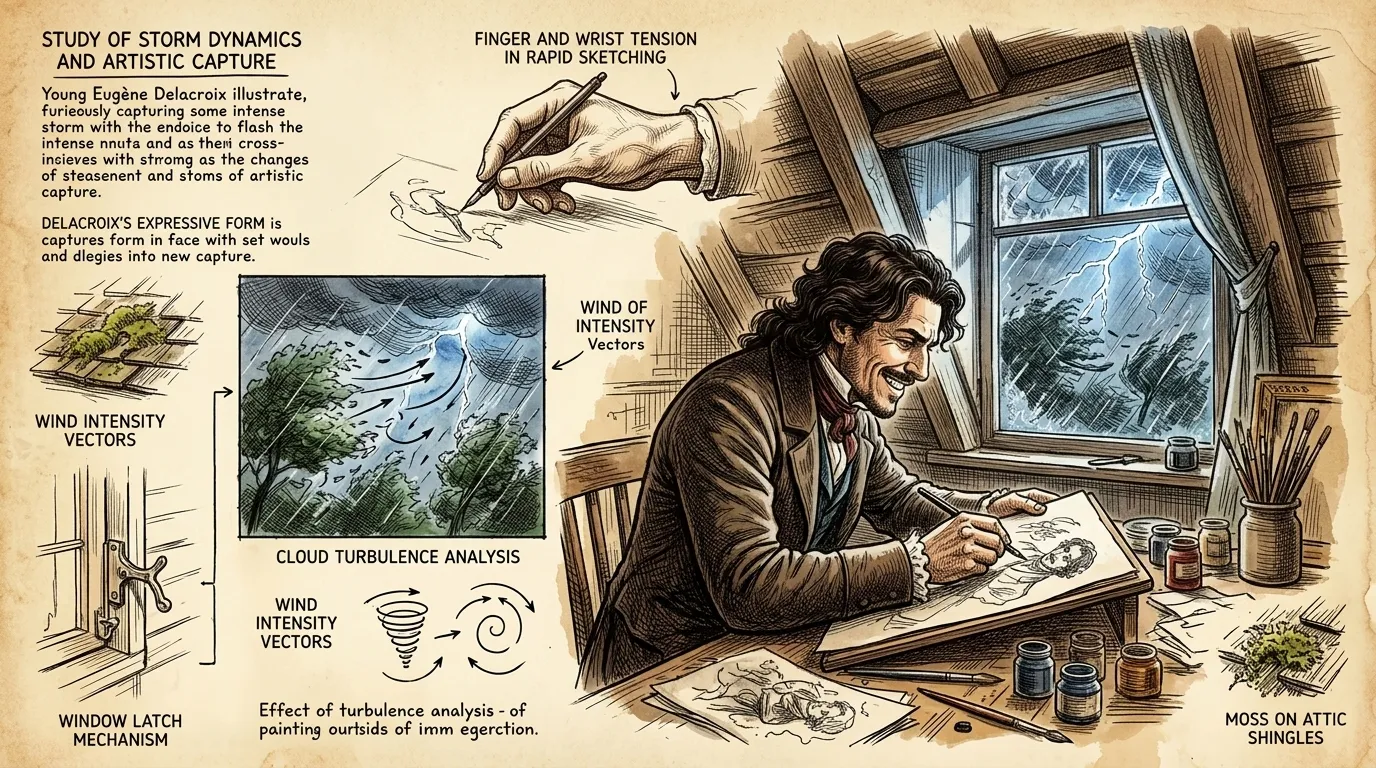 A storm raged outside as young Eugène sketched furiously in his small attic room. The wind howled like the damned souls he envisioned for his painting.