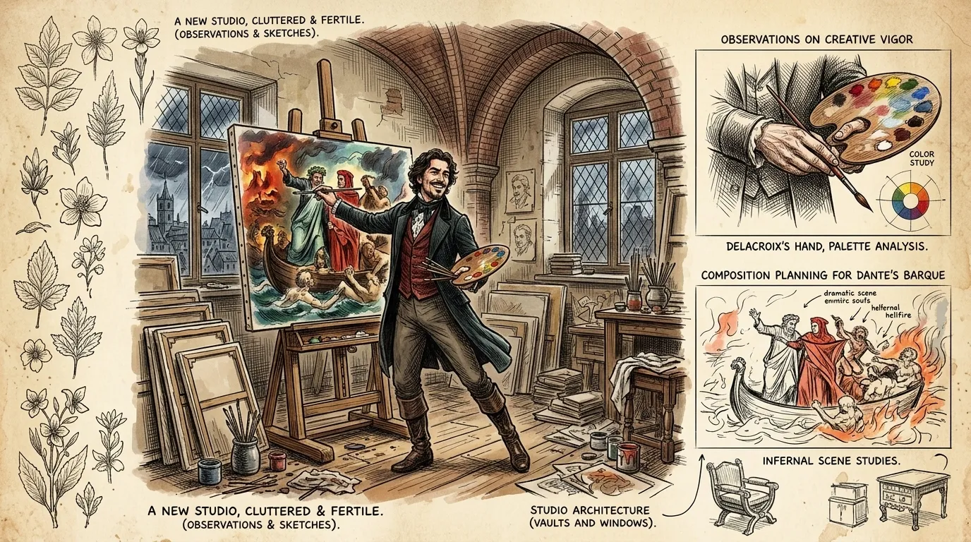 Eugène begins the painting. Stroke by stroke, hell is formed before his eyes. He draws upon what he has learned from other artists.