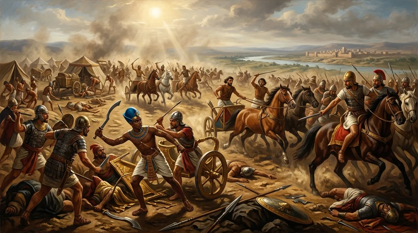 Just as the Hittite chariots begin to close around Ramesses II, forcing…