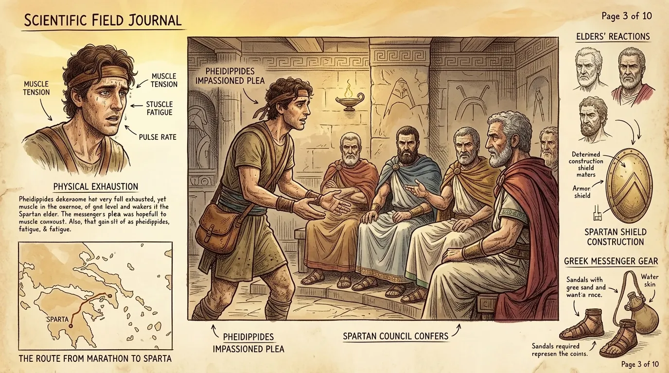 "Help us!" Pheidippides cried, arriving exhausted in Sparta. The Spartan elders listened stoically. "The Persians land at Marathon! "Help us!" Pheidippides cried, arriving exhausted in Sparta. The Spartan elders listened stoically. "The Persians land at Marathon!