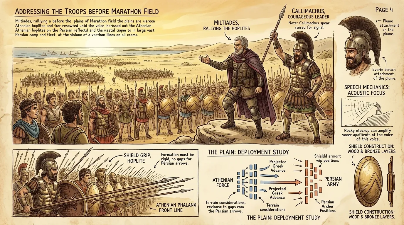 Miltiades addressed the Athenian army on the plains of Marathon. "We stand alone!" he exclaimed, his voice echoing across the field. Miltiades addressed the Athenian army on the plains of Marathon. "We stand alone!" he exclaimed, his voice echoing across the field.