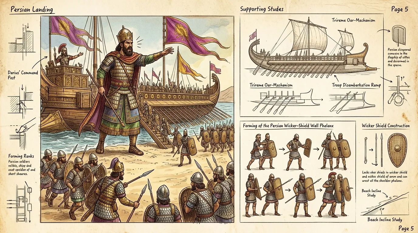 Darius I, observing from his flagship, gestured towards the shore. "Unload the horses!" he commanded. "Let the Athenian dogs feel the might of Persia!" Persian… Darius I, observing from his flagship, gestured towards the shore. "Unload the horses!" he commanded. "Let the Athenian dogs feel the might of Persia!" Persian…